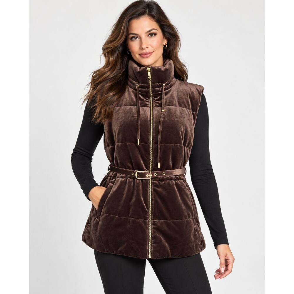 White House Black Market Velvet Puffer Vest Size L Espresso Belted Full Zip NWT